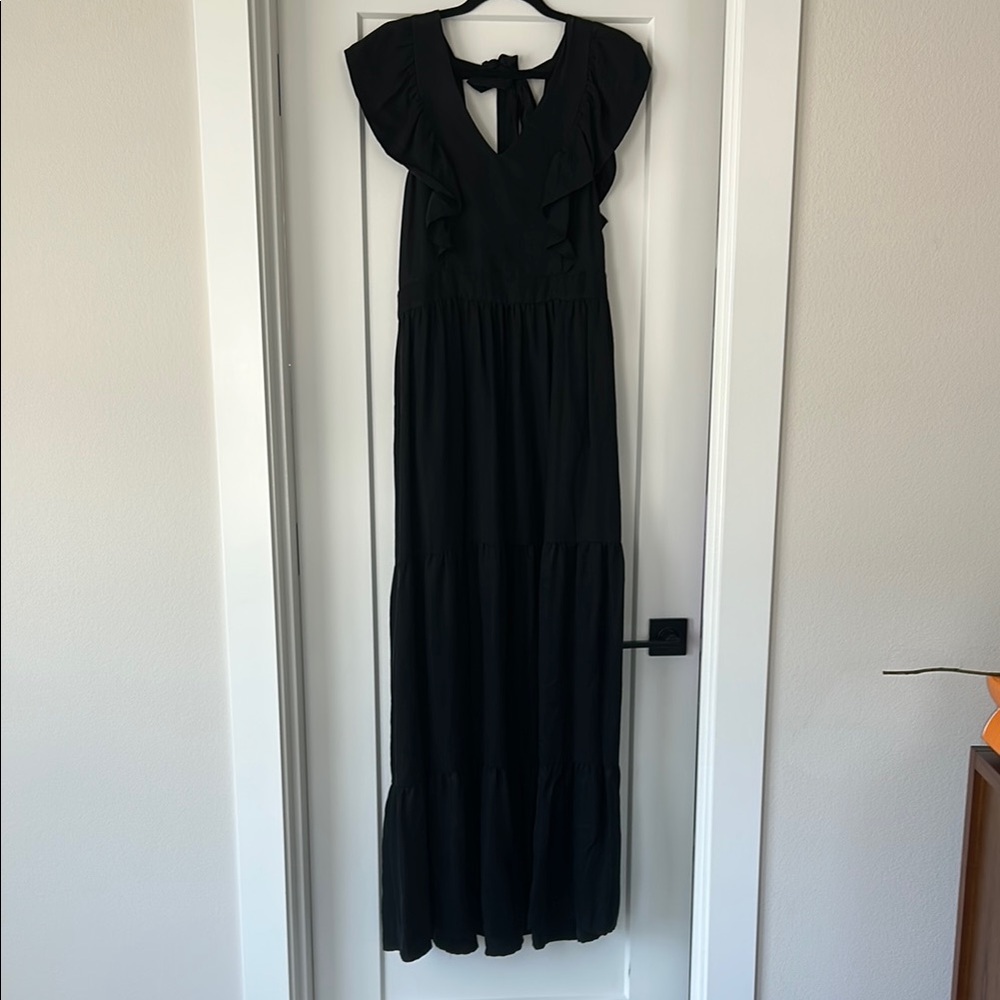 Scotch & Soda Black Ruched Maxi Gown with Flutter Cap Sleeves
